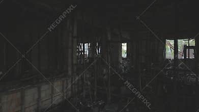 War in residential areas, shop smashed and burned. War in the city. City in war zone. Damage to a shop as a result of