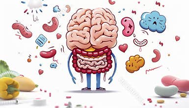 Cartoon human anatomy illustration showing a brain and digestive system with playful elements