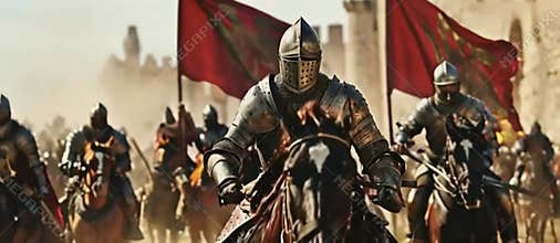 A cinematic still of medieval knights in armor charging into battle