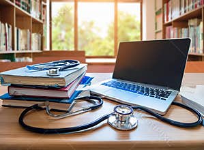Study Desk with Stacks of Books and Stethoscope: Symbol of Medical Education and Medical Research