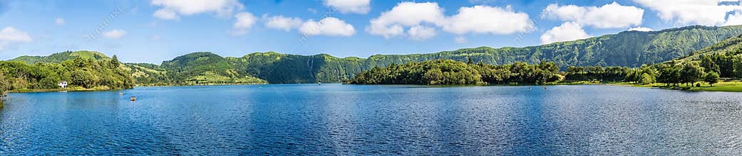 A ground level view across the Blue lake on the island of San Miguel in the Azores