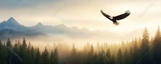 Majestic eagle soaring over misty forest and dramatic mountain peak at sunrise, freedom and wilderness concept