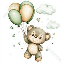 A teddy bear is holding a bunch of balloons and flying through the air