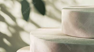 Modern round podium stage in natural light, perfect for showcasing products. Minimal design with elegance, trendy