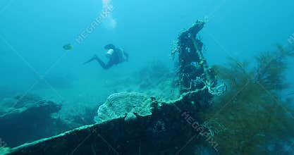Scuba Diver Exploring Big Ship Wreck sunk during World War II off the Philippines