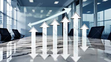 Virtual upward and downward arrows hover over a meeting room table, representing the fluctuating nature of financial