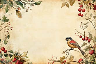 A beautiful Christmas letter or menu background featuring a delicate bird perched among festive berries and leaves