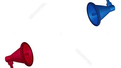 Red and Blue Megaphones Positioned Diagonally on White Background Representing Public Communication, Media Announcements