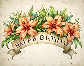 Red and white color Happy Birthday text banner with flowers and ribbon High quality photo