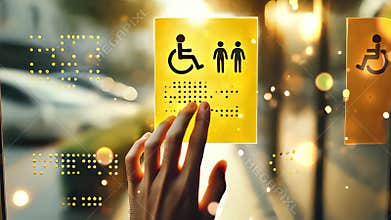 Braille Reading. Hand Touching Braille Sign on Bus Window. Inclusive Public Transport. Disability concept.