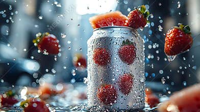 Soft-drink can 330ml floating, strawberries and watermelon in the air