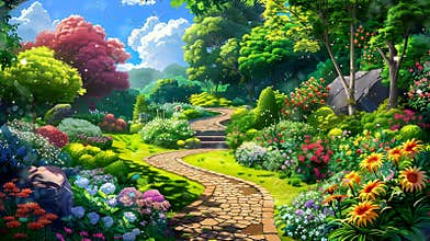The tranquility of a hidden garden with winding paths and blooming flowers. Fantasy landscape anime or cartoon style, looping 4k