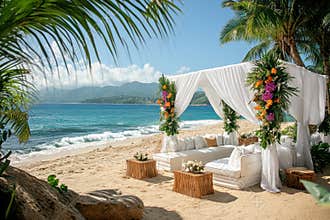 beach wedding decor, a beach wedding adorned with white canopies and hibiscus and orchid floral arrangements, evoking a