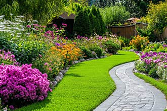 Transform your outdoor space with beautiful landscaping that showcases vibrant flowers and a winding stone path in a