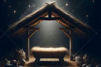 An empty manger and a bright star, concept of nativity scene as in bible