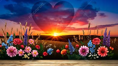 Colorful wildflowers blooming in a field with heart-shaped sunset in the background and empty wooden table in the