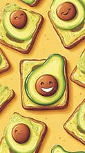 Cute cartoon avocado toast with smiling faces on yellow background