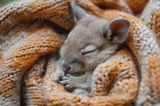 A baby squirrel is sleeping in a blanket