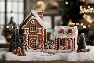 Festive Gingerbread Houses in Snowy Setting