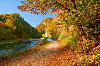 Autumn landscape Dunajec River Gorge Mountains Trees