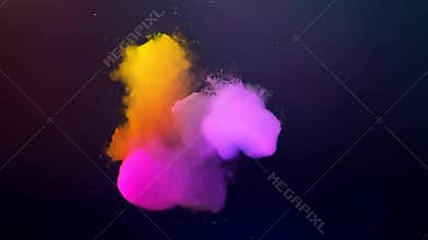 Colorful powder explodes, creating abstract shapes on a dark background. Ideal for art, design, and visual projects