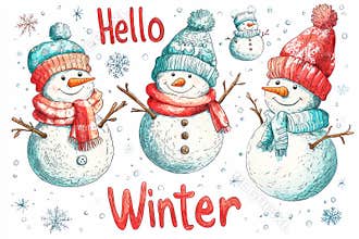 Hello Winter greeting featuring happy snowmen in colorful hats and scarves surrounded by snowflakes.