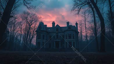Eerie abandoned mansion at dusk with dramatic sky and bare trees