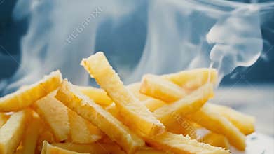 Growing pile of french fries accumulates on a white background, popular fast food snack.