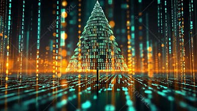 A glowing digital pyramid of binary code stands out in a dark, futuristic scene