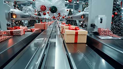 Christmas presents moving on conveyor belt