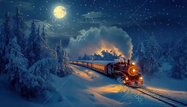 Christmas train ride through the snowy Arctic night under a bright moon