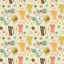 Cartoon cats, bird and toys on a bright background