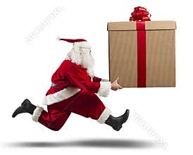 Running Santa Claus with big gift