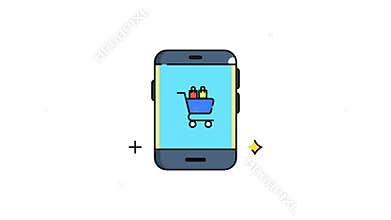 Smartphone, shopping cart, and bags with a blue screen