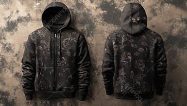 Stylish zip-up hoodie mockup showcasing front and back design on textured background