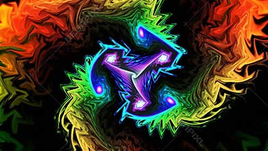 Boomerang shaped colorful construction rotates on black.