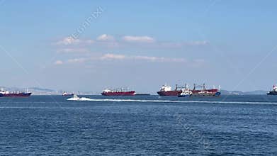 Istanbul, the Marmara Sea, the freight ships anchored on the horizon, Türkiye.