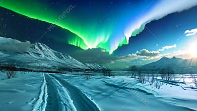 An Video capturing a vibrant green and white aurora gracefully illuminating a field covered in snow, Pristine snowy landscape