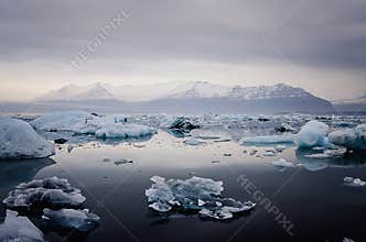 Mystical lagoon full of icebergs at Jokulsarlon Glacier lagoon in southern Iceland