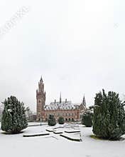Heavy snow on the garden of the Peace Palace, the seat of the International Court of Justice