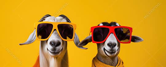 Groovy Goats in Shades: A Colorful Twist on Farmyard Chic. Generative AI