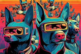 Abstract Funky Dogs music band illustration, fashionable, retro pop and coroful pattern, anthropomorphic animal