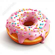 A cute kawaii and flamboyant donut with icing and sprinkles, isolated a white background, taken from above, pastel colors, cartoon