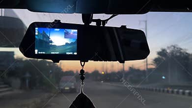 Buriram Thailand, 27 December 2023 , front Car CCTV camera video recorder with car crash accident on the road.