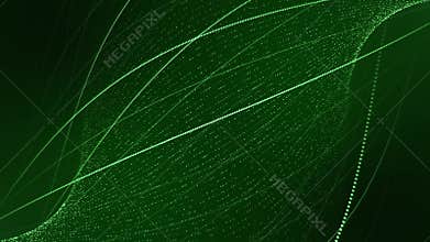 Seamless loop animation of abstract green wave of bright particles and curvy lines smoothly spinning around