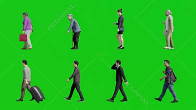 Collection Side View of Walking People 3D Animation on Green Screen