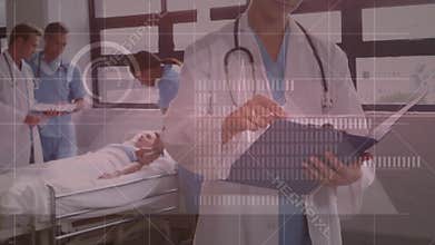 Diverse doctors holding clipboards and talking to caucasian female patient in bed over data