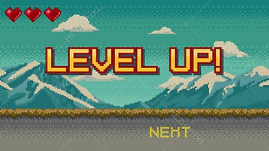Animated pixel art banner with Level Up text and mountain landscape background. Colorful pixel arcade screen animation