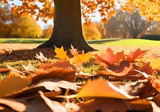 Yellow leaves falling from trees on a sunny autumn sunset or sunrise.