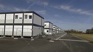 Migrant camp for refugees from Ukraine in Munich, Germany. Temporary shelter for war asylum seekers in germany
